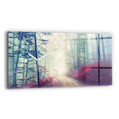 Glass wall clock rectangular Autumn road Forest Fog
