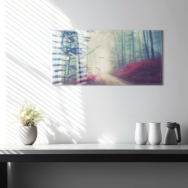 Glass wall clock rectangular Autumn road Forest Fog