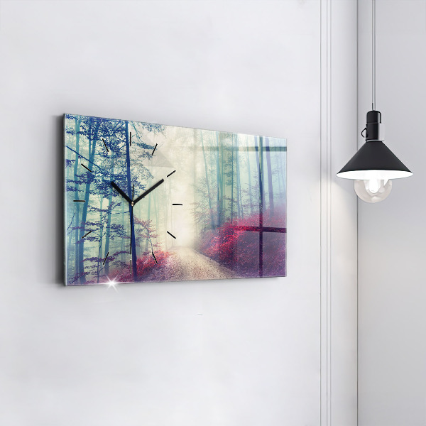 Glass wall clock rectangular Autumn road Forest Fog