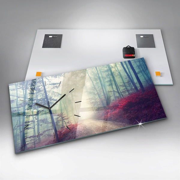 Glass wall clock rectangular Autumn road Forest Fog