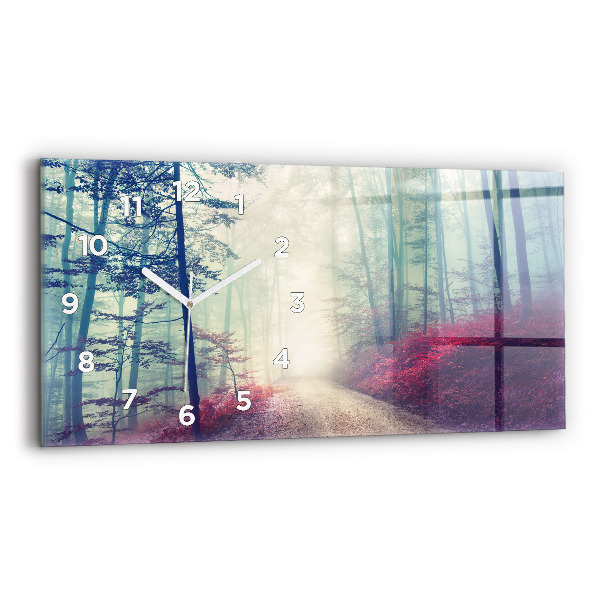 Glass wall clock rectangular Autumn road Forest Fog