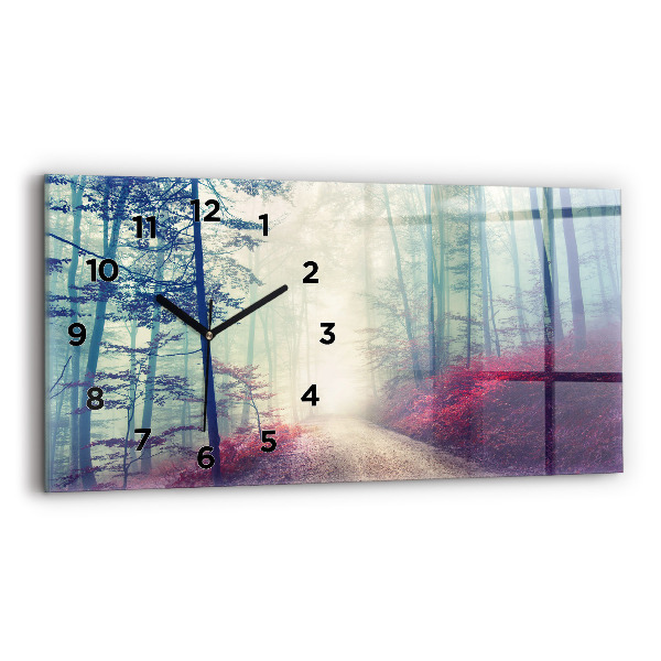 Glass wall clock rectangular Autumn road Forest Fog