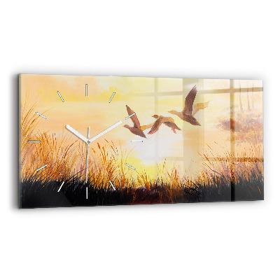 Glass wall clock rectangular Cranes at sunset