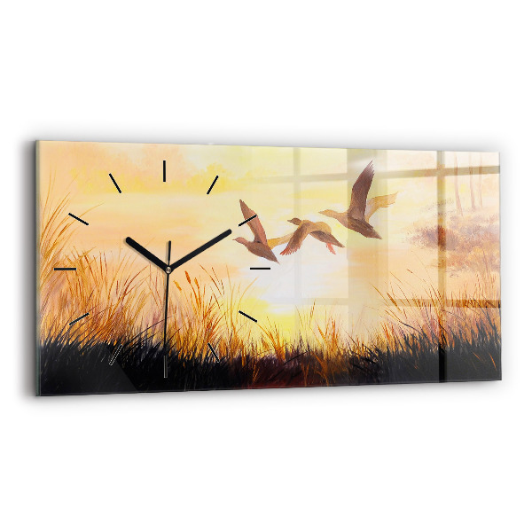 Glass wall clock rectangular Cranes at sunset