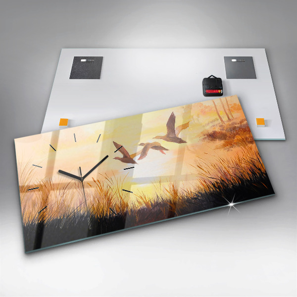 Glass wall clock rectangular Cranes at sunset