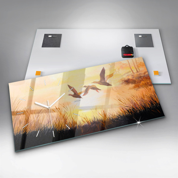 Glass wall clock rectangular Cranes at sunset