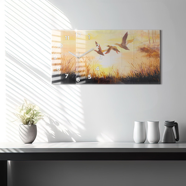 Glass wall clock rectangular Cranes at sunset