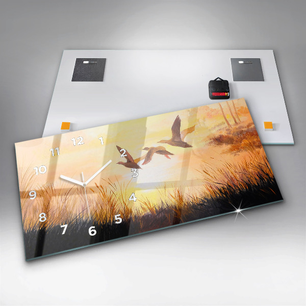 Glass wall clock rectangular Cranes at sunset