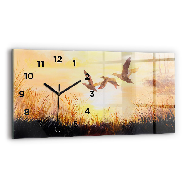 Glass wall clock rectangular Cranes at sunset