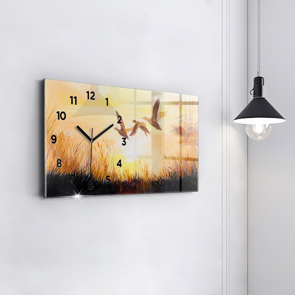 Glass wall clock rectangular Cranes at sunset
