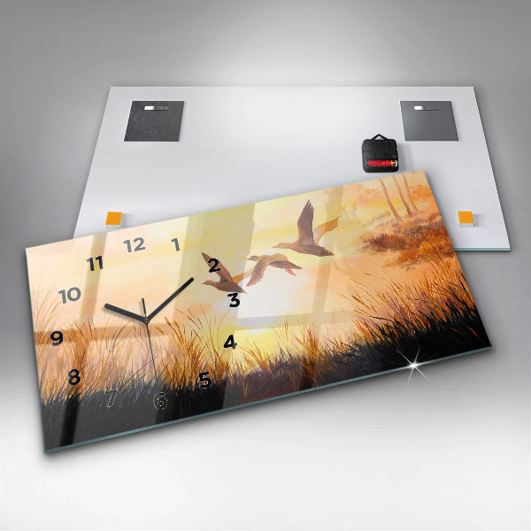Glass wall clock rectangular Cranes at sunset