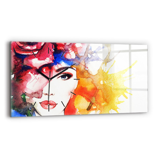 Glass wall clock rectangular colorful portrait of a woman