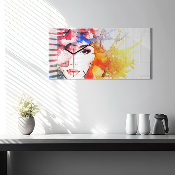 Glass wall clock rectangular colorful portrait of a woman