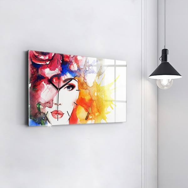 Glass wall clock rectangular colorful portrait of a woman