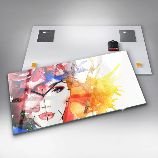Glass wall clock rectangular colorful portrait of a woman