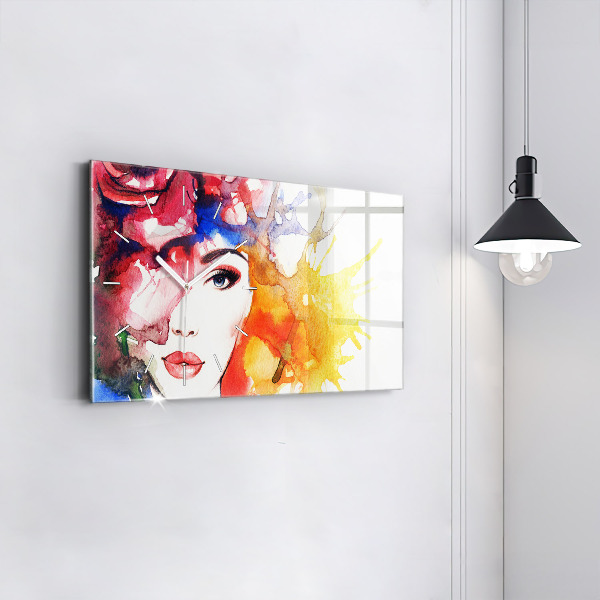 Glass wall clock rectangular colorful portrait of a woman