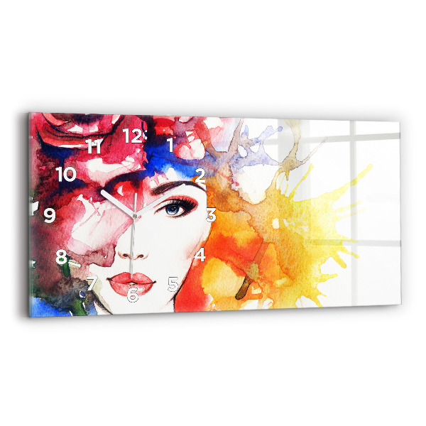 Glass wall clock rectangular colorful portrait of a woman
