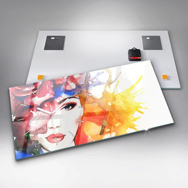 Glass wall clock rectangular colorful portrait of a woman