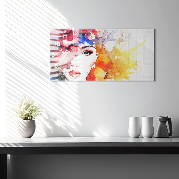 Glass wall clock rectangular colorful portrait of a woman