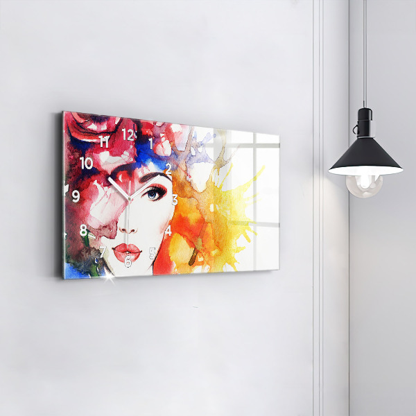 Glass wall clock rectangular colorful portrait of a woman