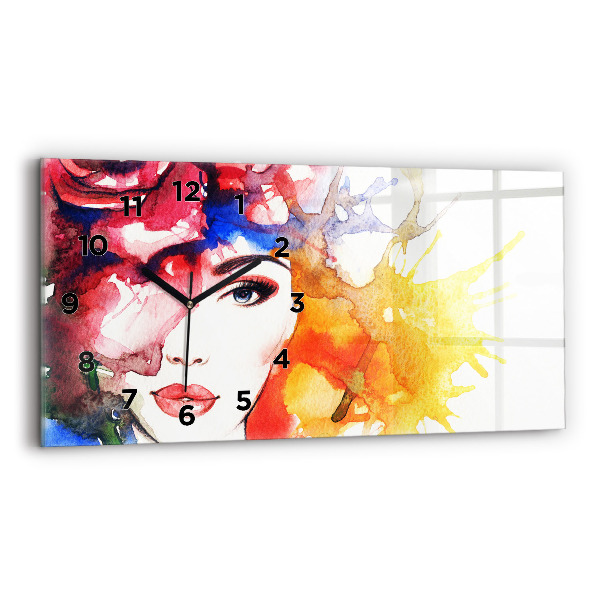 Glass wall clock rectangular colorful portrait of a woman