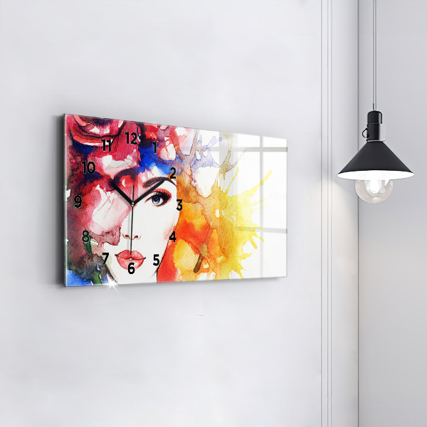 Glass wall clock rectangular colorful portrait of a woman