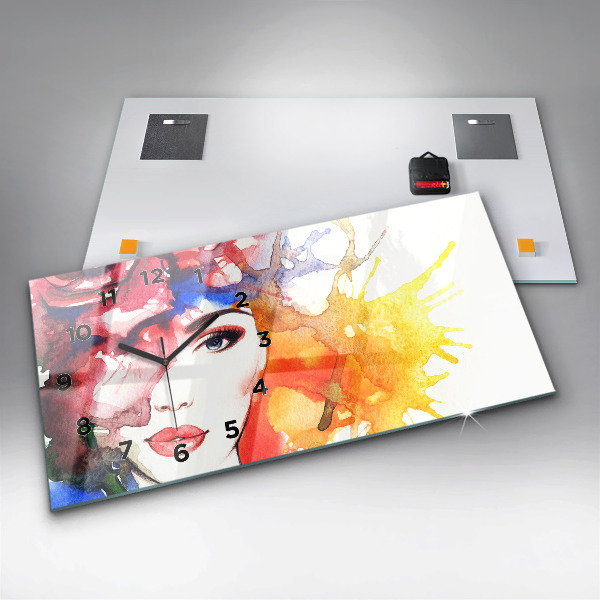 Glass wall clock rectangular colorful portrait of a woman