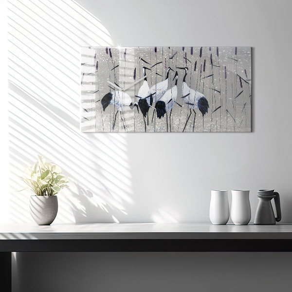 Glass wall clock rectangular Cranes in the reeds