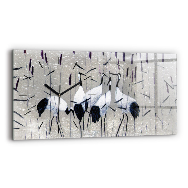 Glass wall clock rectangular Cranes in the reeds
