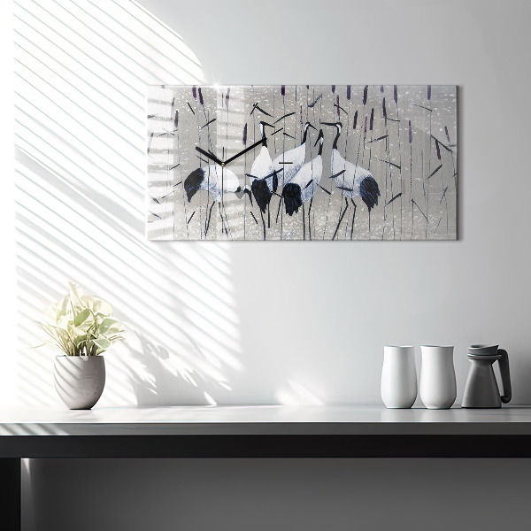 Glass wall clock rectangular Cranes in the reeds