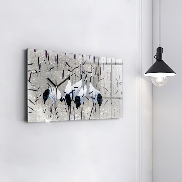 Glass wall clock rectangular Cranes in the reeds