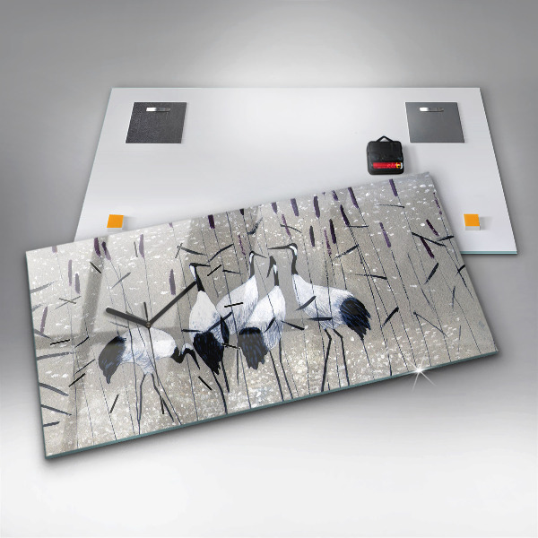 Glass wall clock rectangular Cranes in the reeds