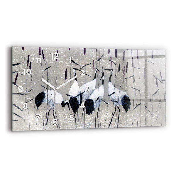 Glass wall clock rectangular Cranes in the reeds