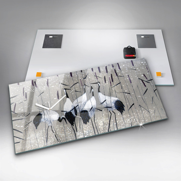 Glass wall clock rectangular Cranes in the reeds