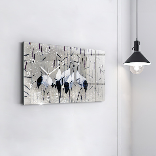 Glass wall clock rectangular Cranes in the reeds