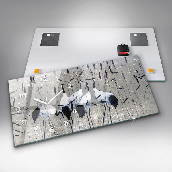 Glass wall clock rectangular Cranes in the reeds