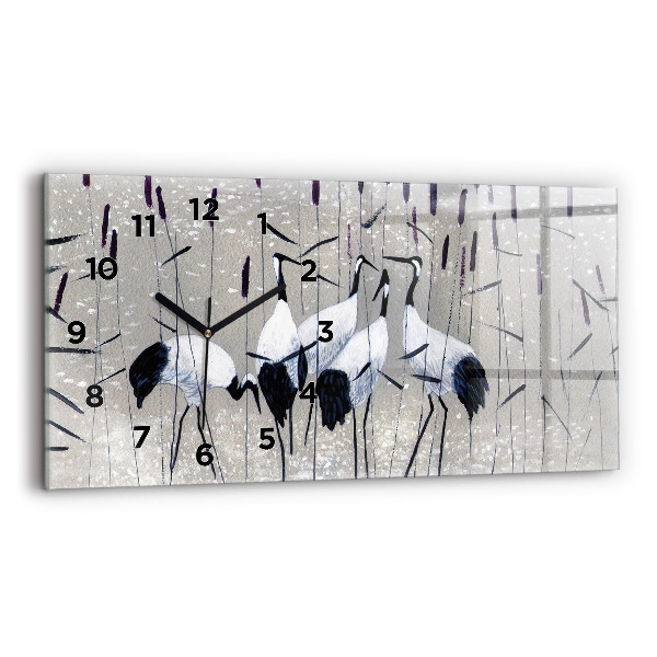 Glass wall clock rectangular Cranes in the reeds