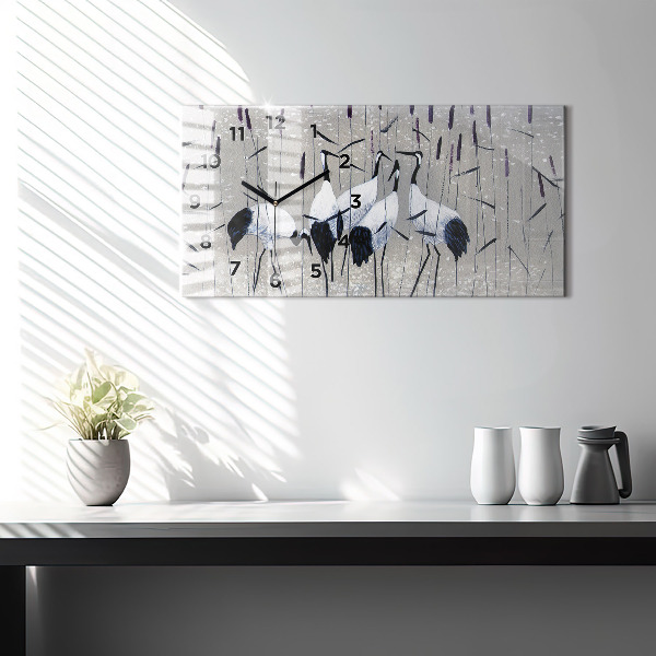 Glass wall clock rectangular Cranes in the reeds