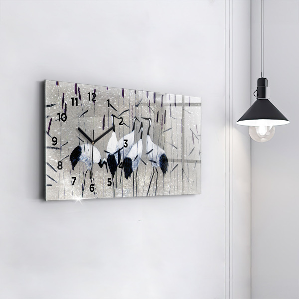 Glass wall clock rectangular Cranes in the reeds