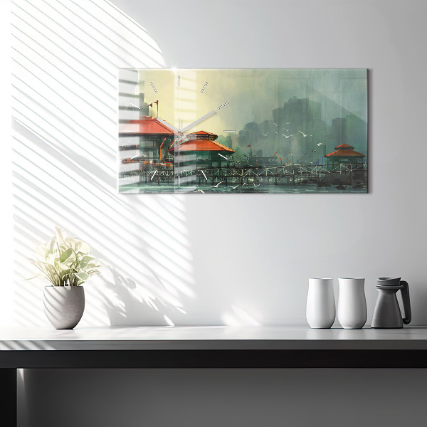 Glass wall clock rectangular Fishing village