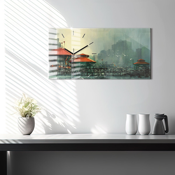 Glass wall clock rectangular Fishing village