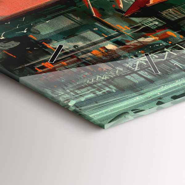 Glass wall clock rectangular Fishing village