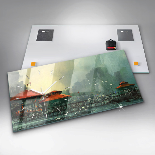 Glass wall clock rectangular Fishing village