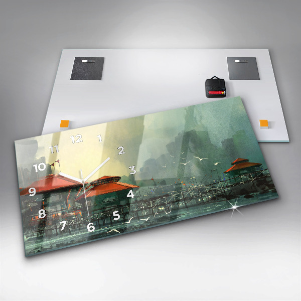 Glass wall clock rectangular Fishing village