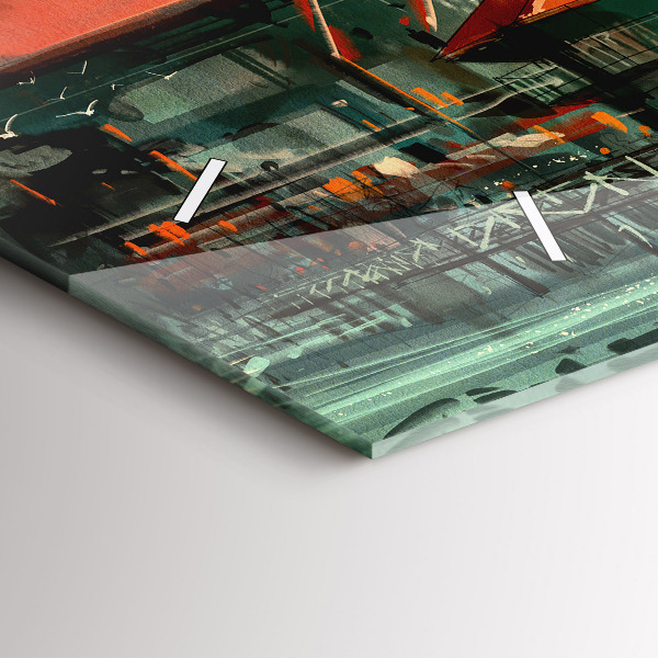 Glass wall clock rectangular Fishing village