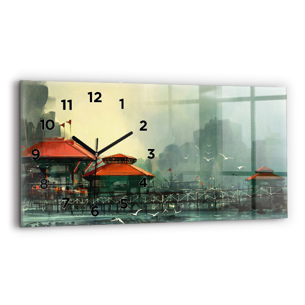 Glass wall clock rectangular Fishing village
