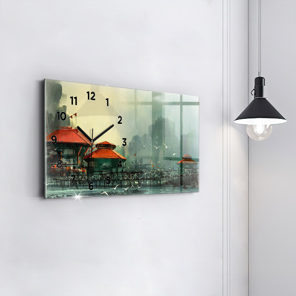 Glass wall clock rectangular Fishing village