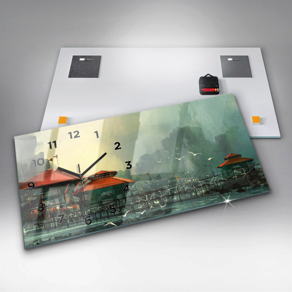 Glass wall clock rectangular Fishing village