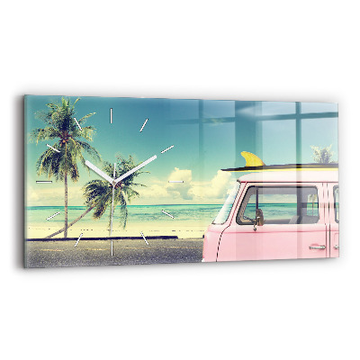 Glass wall clock rectangular Car with surfboard