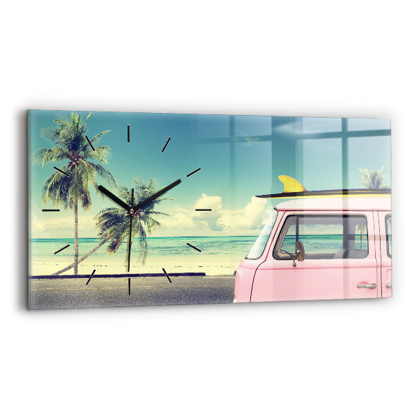 Glass wall clock rectangular Car with surfboard
